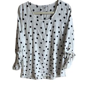 Moa Moa Polka Dot Blouse Womens Sheer White Black Long Roll Tab Sleeve Top Sz XL